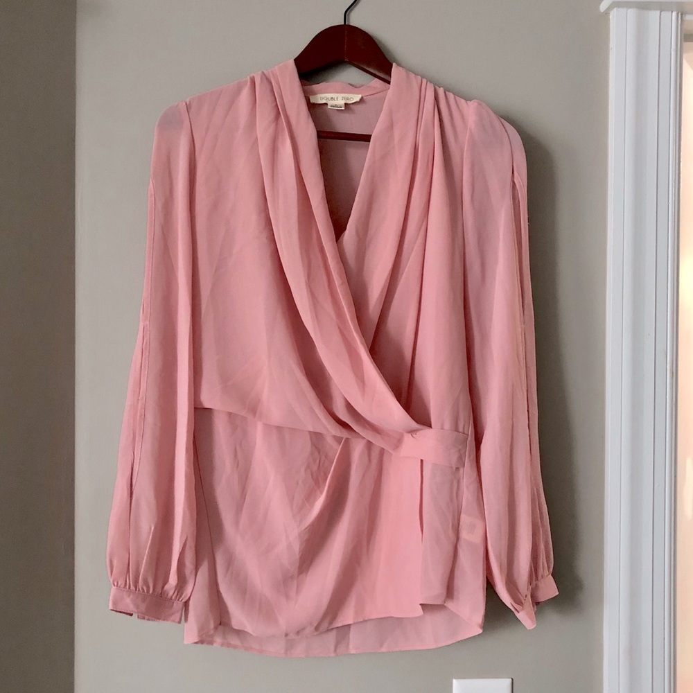 Pink chiffon long sleeve wrap blouse